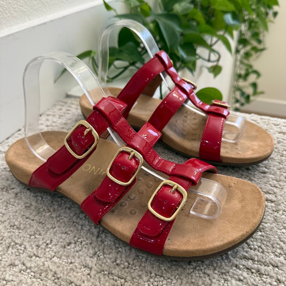 Vionic Misa Red Patent Leather Triple Strap Slide Sandals Women 10 COMFORT